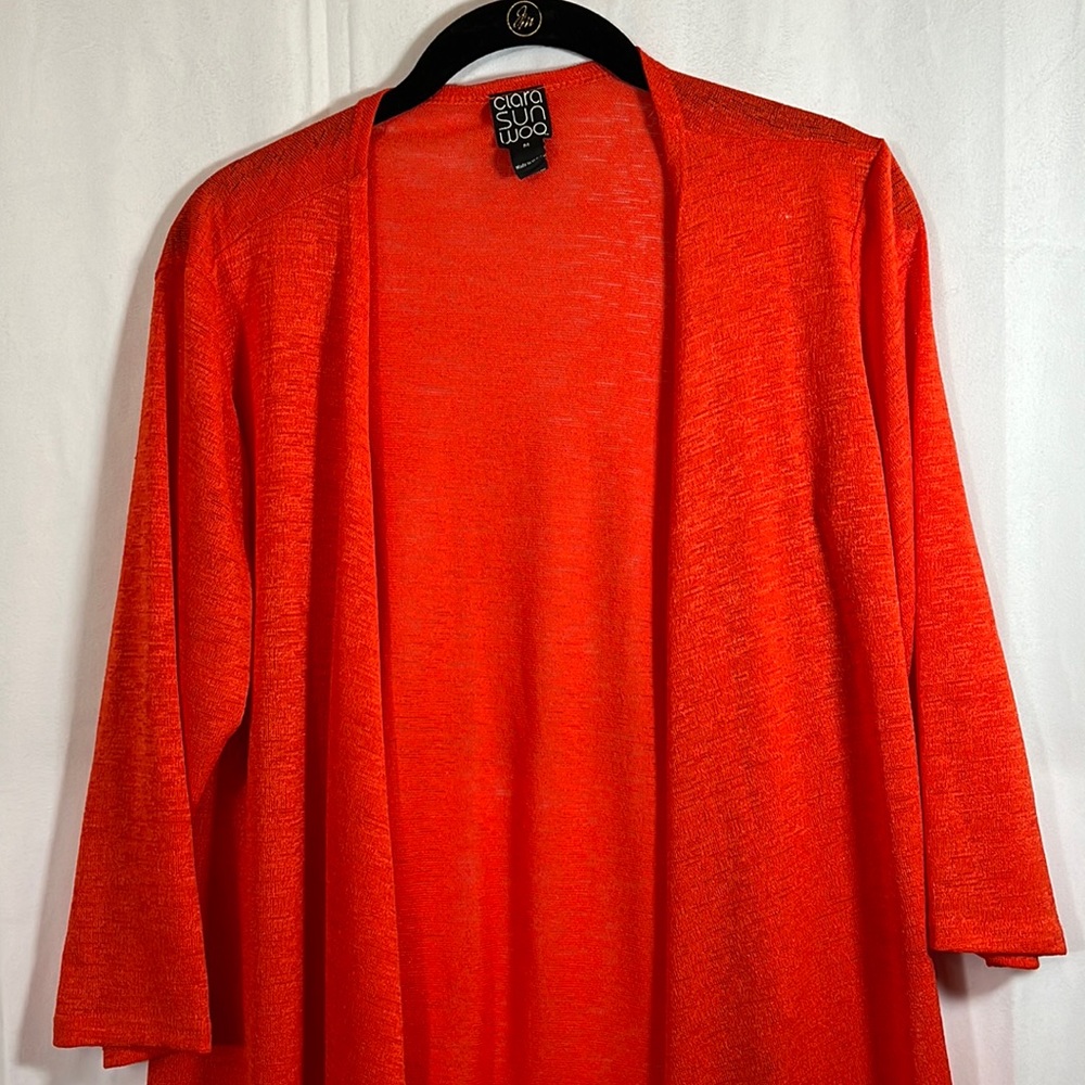 CLARA SUN WOO Vibrant Coral Orange Hi/Lo Open Front Cardigan Rayon Spandex Med
